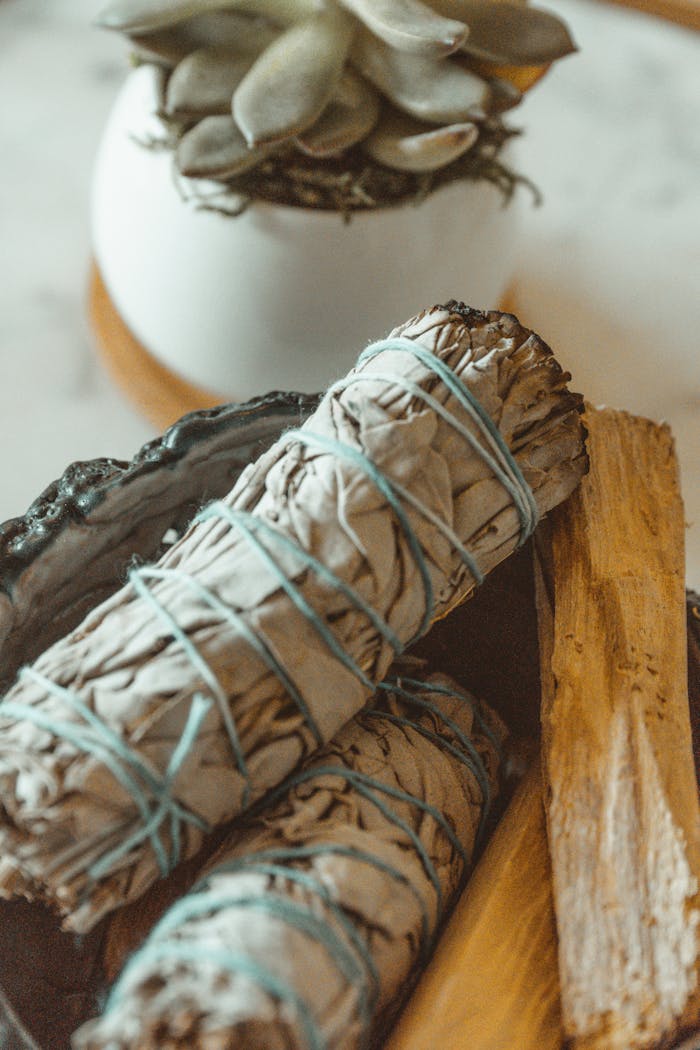 A soothing still life of sage smudge sticks and palo santo wood for alternative therapy and relaxation.